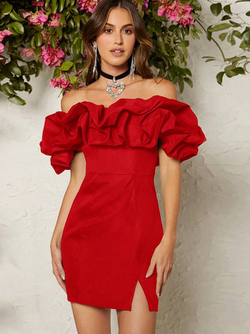 Women's Pleated Off Shoulder Side Slit Mini Dress
