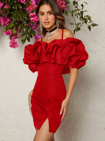 Women's Pleated Off Shoulder Side Slit Mini Dress