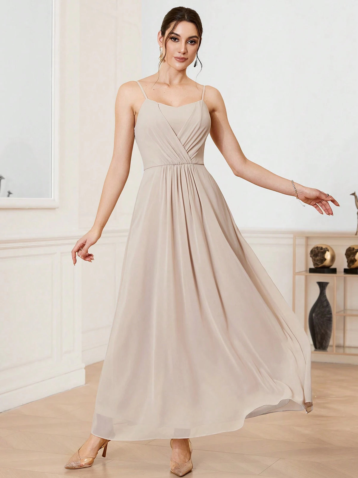 Women's Pure Color Chiffon Bridesmaid Dress With Spaghetti Straps, Floor Length