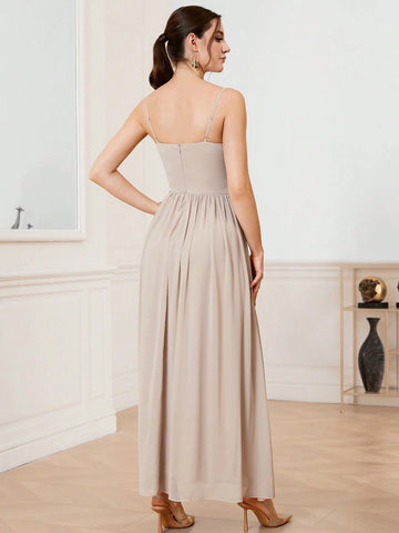 Women's Pure Color Chiffon Bridesmaid Dress With Spaghetti Straps, Floor Length