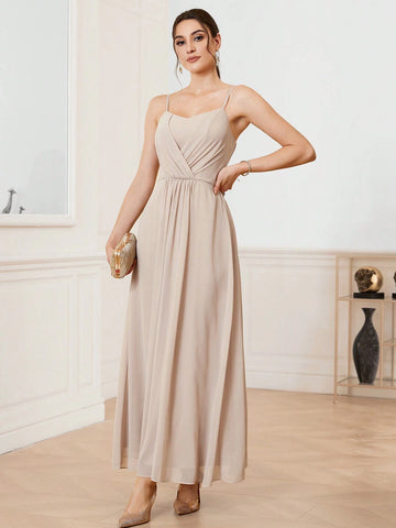 Women's Pure Color Chiffon Bridesmaid Dress With Spaghetti Straps, Floor Length