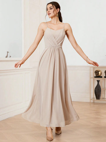 Women's Pure Color Chiffon Bridesmaid Dress With Spaghetti Straps, Floor Length