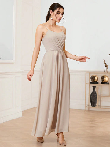 Women's Pure Color Chiffon Bridesmaid Dress With Spaghetti Straps, Floor Length