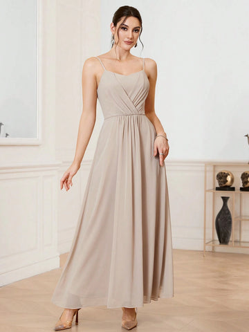 Women's Pure Color Chiffon Bridesmaid Dress With Spaghetti Straps, Floor Length
