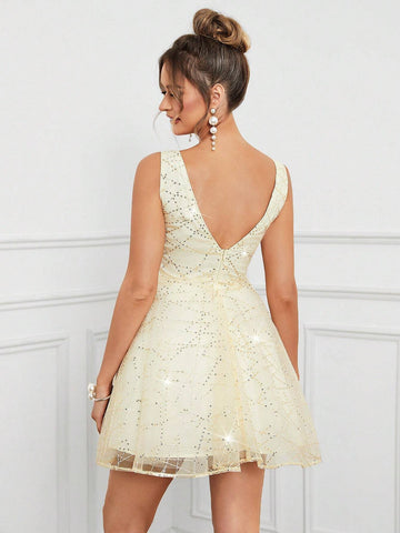 Women's Romantic And Elegant Pink Shimmery Fabric Deep V-Neck Vest Sleeves Puffy Skirt Suitable For Wedding Season Graduation Season Mother's Day Music Festival Valentine's Day Ramadan Dinner And Dance Cocktail Dress