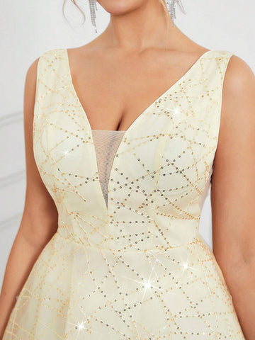 Women's Romantic And Elegant Pink Shimmery Fabric Deep V-Neck Vest Sleeves Puffy Skirt Suitable For Wedding Season Graduation Season Mother's Day Music Festival Valentine's Day Ramadan Dinner And Dance Cocktail Dress