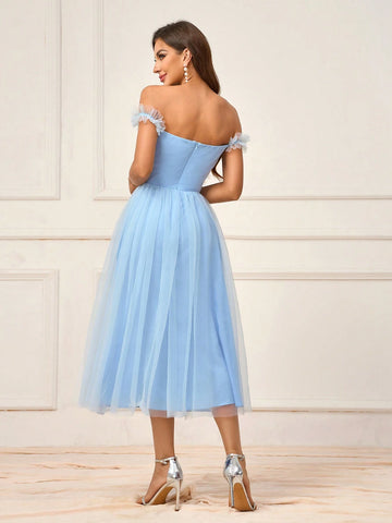 Women's Romantic Blue Mesh Fabric With Off-The-Shoulder Hanging Sleeves, Gathered Ruffled Hem, Gathered Puffy Mesh A-Line Skirt With Open Back, Suitable For Romantic Wedding Events, Formal Bridesmaid Dresses