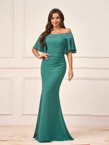 Women's Romantic Dark Green Chiffon Fabric Fish Tail Dress With Water Soluble Lace Trim, Off Shoulder With Ruffle Sleeve And Gathered Waist, Perfect For Wedding Season, Mother's Day, Formal Events, Standard Size, Suitable For Bridesmaid Dress