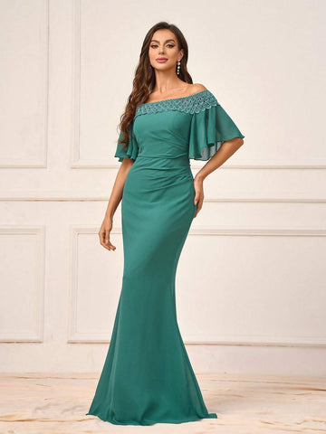 Women's Romantic Dark Green Chiffon Fabric Fish Tail Dress With Water Soluble Lace Trim, Off Shoulder With Ruffle Sleeve And Gathered Waist, Perfect For Wedding Season, Mother's Day, Formal Events, Standard Size, Suitable For Bridesmaid Dress