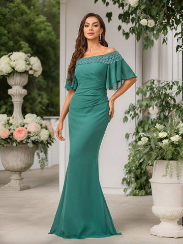 Women's Romantic Dark Green Chiffon Fabric Fish Tail Dress With Water Soluble Lace Trim, Off Shoulder With Ruffle Sleeve And Gathered Waist, Perfect For Wedding Season, Mother's Day, Formal Events, Standard Size, Suitable For Bridesmaid Dress
