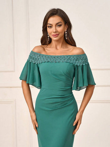 Women's Romantic Dark Green Chiffon Fabric Fish Tail Dress With Water Soluble Lace Trim, Off Shoulder With Ruffle Sleeve And Gathered Waist, Perfect For Wedding Season, Mother's Day, Formal Events, Standard Size, Suitable For Bridesmaid Dress