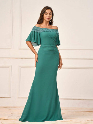 Women's Romantic Dark Green Chiffon Fabric Fish Tail Dress With Water Soluble Lace Trim, Off Shoulder With Ruffle Sleeve And Gathered Waist, Perfect For Wedding Season, Mother's Day, Formal Events, Standard Size, Suitable For Bridesmaid Dress