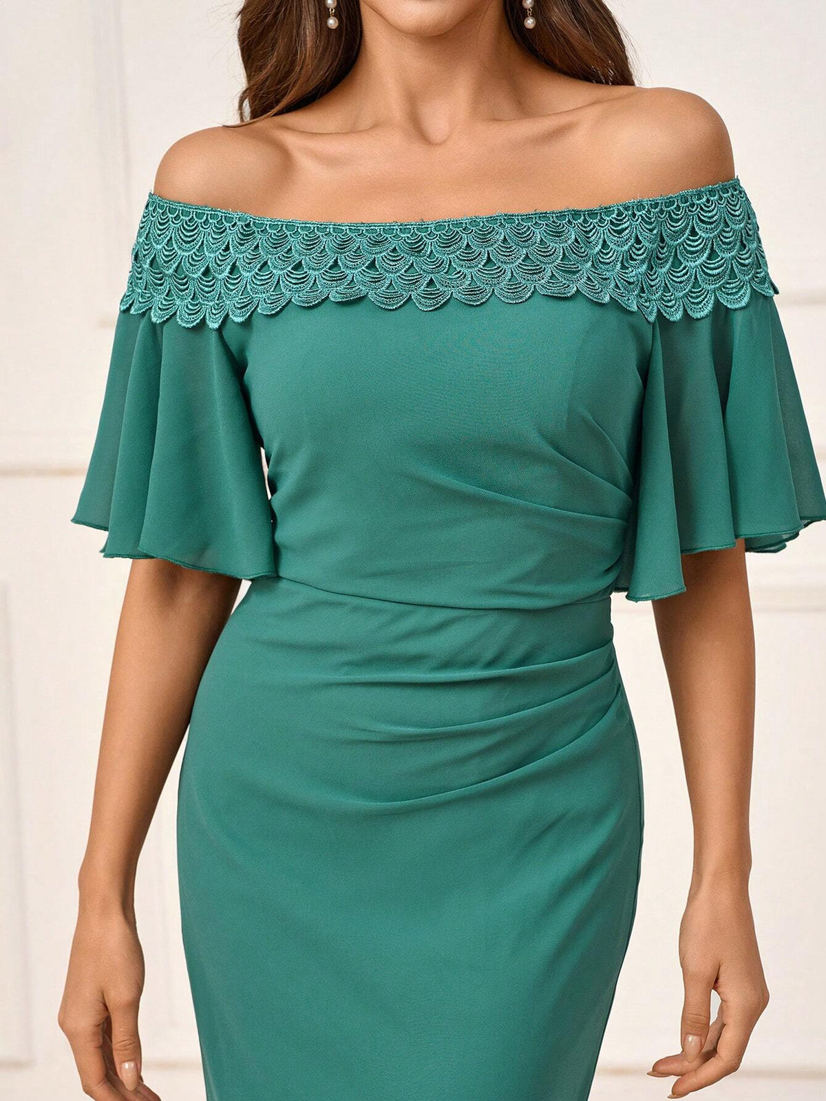Women's Romantic Dark Green Chiffon Fabric Fish Tail Dress With Water Soluble Lace Trim, Off Shoulder With Ruffle Sleeve And Gathered Waist, Perfect For Wedding Season, Mother's Day, Formal Events, Standard Size, Suitable For Bridesmaid Dress