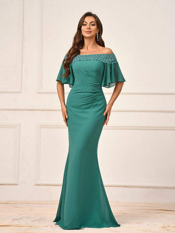 Women's Romantic Dark Green Chiffon Fabric Fish Tail Dress With Water Soluble Lace Trim, Off Shoulder With Ruffle Sleeve And Gathered Waist, Perfect For Wedding Season, Mother's Day, Formal Events, Standard Size, Suitable For Bridesmaid Dress