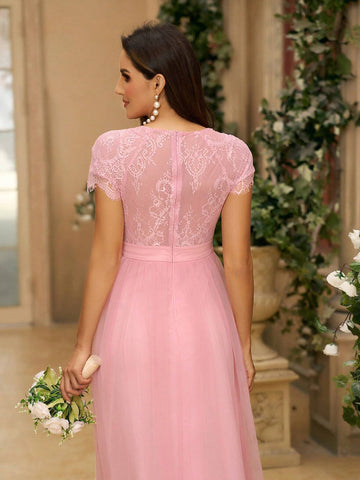 Women's Romantic, Elegant And Dignified Lotus Pink Eyelash Lace Fabric Splicing MeshGathered Puffy Skirt Wedding Women Dresses Suitable For Wedding Events Formal Bridesmaid Dress