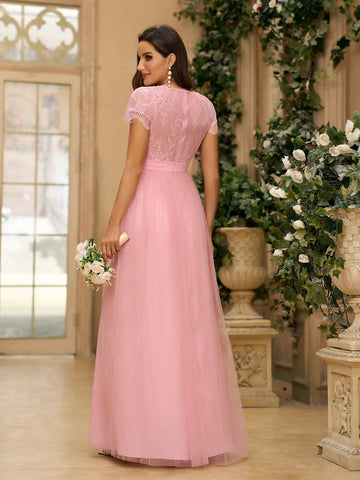 Women's Romantic, Elegant And Dignified Lotus Pink Eyelash Lace Fabric Splicing MeshGathered Puffy Skirt Wedding Women Dresses Suitable For Wedding Events Formal Bridesmaid Dress