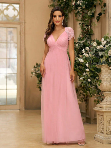 Women's Romantic, Elegant And Dignified Lotus Pink Eyelash Lace Fabric Splicing MeshGathered Puffy Skirt Wedding Women Dresses Suitable For Wedding Events Formal Bridesmaid Dress