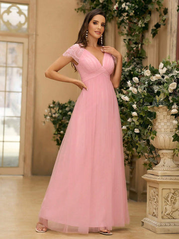 Women's Romantic, Elegant And Dignified Lotus Pink Eyelash Lace Fabric Splicing MeshGathered Puffy Skirt Wedding Women Dresses Suitable For Wedding Events Formal Bridesmaid Dress