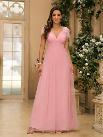 Women's Romantic, Elegant And Dignified Lotus Pink Eyelash Lace Fabric Splicing MeshGathered Puffy Skirt Wedding Women Dresses Suitable For Wedding Events Formal Bridesmaid Dress