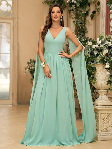 Women's Romantic Grass Green Chiffon Fabric V-Neck Cape Dress With Flared Sleeves, Back Crossed Adjustable Strap And A-Line Hem, Suitable For Wedding Season, Mother's Day, Music Festival And Other Formal Occasions As Bridesmaid Dress
