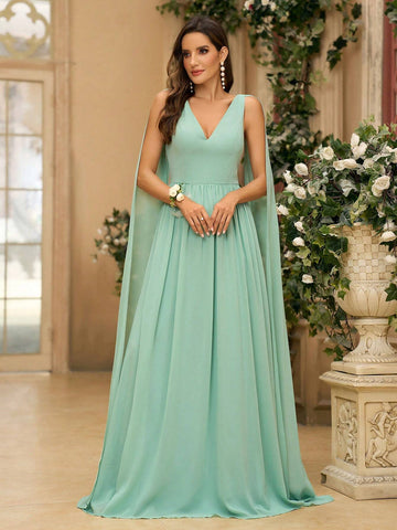 Women's Romantic Grass Green Chiffon Fabric V-Neck Cape Dress With Flared Sleeves, Back Crossed Adjustable Strap And A-Line Hem, Suitable For Wedding Season, Mother's Day, Music Festival And Other Formal Occasions As Bridesmaid Dress