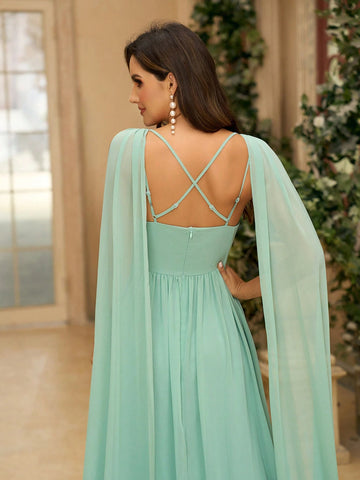 Women's Romantic Grass Green Chiffon Fabric V-Neck Cape Dress With Flared Sleeves, Back Crossed Adjustable Strap And A-Line Hem, Suitable For Wedding Season, Mother's Day, Music Festival And Other Formal Occasions As Bridesmaid Dress