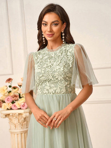 Women's Romantic Grass Green Full-Length Water-Soluble Lace Fabric Splicing Milanese Mesh Gathered Earrings Decorative Collar Stand-Up Collar Lotus Leaf Sleeves Elegant Mesh Short Skirt Suitable For Wedding Events Formal Bridesmaid Dresses