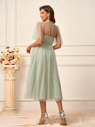 Women's Romantic Grass Green Full-Length Water-Soluble Lace Fabric Splicing Milanese Mesh Gathered Earrings Decorative Collar Stand-Up Collar Lotus Leaf Sleeves Elegant Mesh Short Skirt Suitable For Wedding Events Formal Bridesmaid Dresses