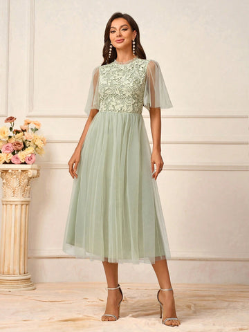 Women's Romantic Grass Green Full-Length Water-Soluble Lace Fabric Splicing Milanese Mesh Gathered Earrings Decorative Collar Stand-Up Collar Lotus Leaf Sleeves Elegant Mesh Short Skirt Suitable For Wedding Events Formal Bridesmaid Dresses