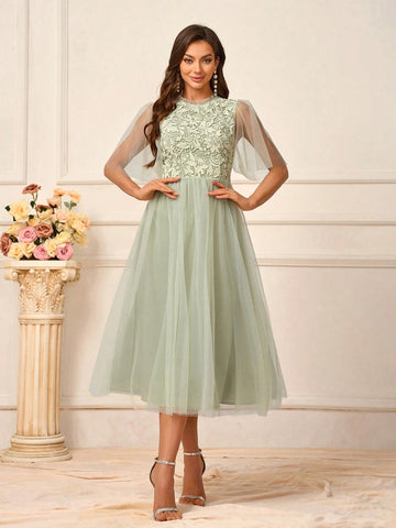 Women's Romantic Grass Green Full-Length Water-Soluble Lace Fabric Splicing Milanese Mesh Gathered Earrings Decorative Collar Stand-Up Collar Lotus Leaf Sleeves Elegant Mesh Short Skirt Suitable For Wedding Events Formal Bridesmaid Dresses