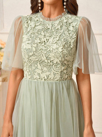 Women's Romantic Grass Green Full-Length Water-Soluble Lace Fabric Splicing Milanese Mesh Gathered Earrings Decorative Collar Stand-Up Collar Lotus Leaf Sleeves Elegant Mesh Short Skirt Suitable For Wedding Events Formal Bridesmaid Dresses