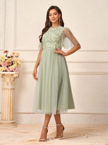 Women's Romantic Grass Green Full-Length Water-Soluble Lace Fabric Splicing Milanese Mesh Gathered Earrings Decorative Collar Stand-Up Collar Lotus Leaf Sleeves Elegant Mesh Short Skirt Suitable For Wedding Events Formal Bridesmaid Dresses