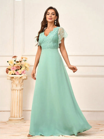 Women's Romantic Grass Green Lace Spliced Chiffon Fabric Dress With  Wedding Season Mother's Day Back To School Season Music Festival Prom Summer Formal Occasions Standard Size Bridesmaid Dress