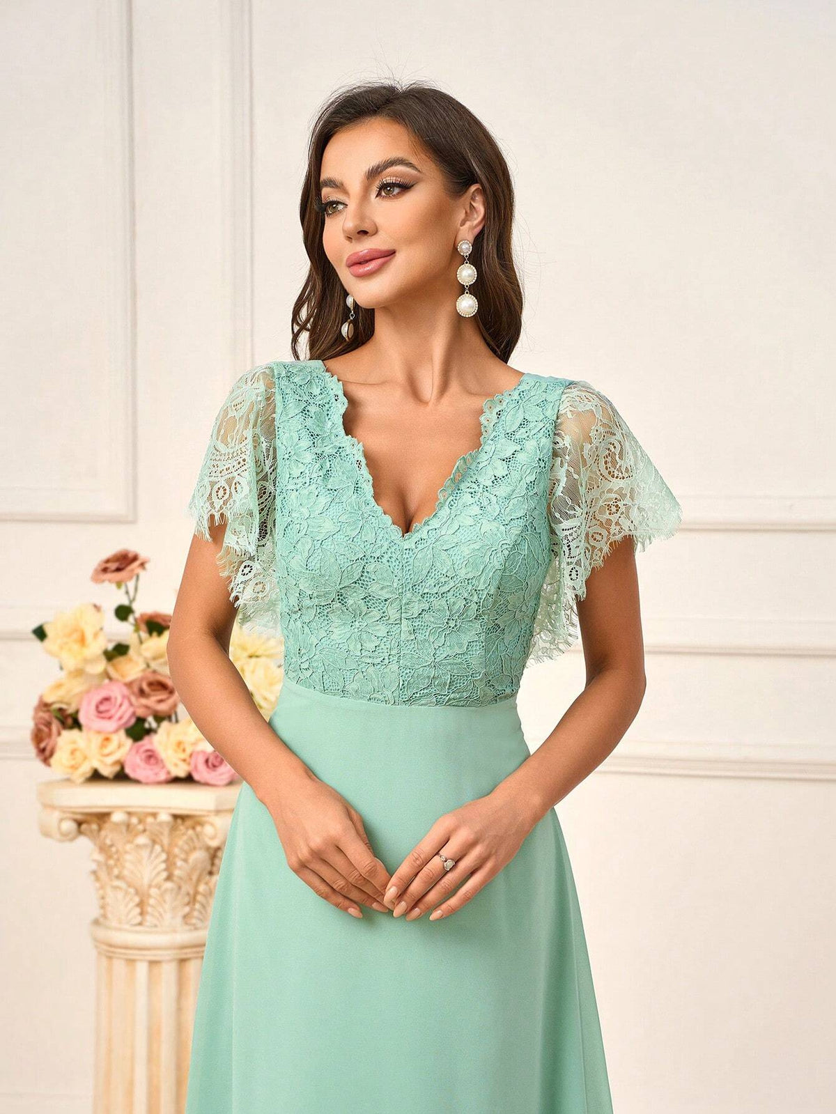 Women's Romantic Grass Green Lace Spliced Chiffon Fabric Dress With  Wedding Season Mother's Day Back To School Season Music Festival Prom Summer Formal Occasions Standard Size Bridesmaid Dress
