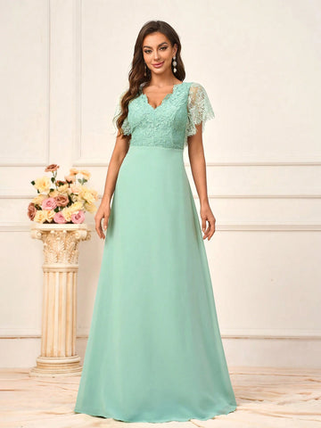 Women's Romantic Grass Green Lace Spliced Chiffon Fabric Dress With  Wedding Season Mother's Day Back To School Season Music Festival Prom Summer Formal Occasions Standard Size Bridesmaid Dress