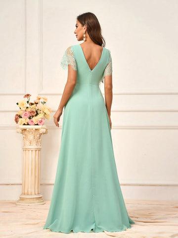 Women's Romantic Grass Green Lace Spliced Chiffon Fabric Dress With  Wedding Season Mother's Day Back To School Season Music Festival Prom Summer Formal Occasions Standard Size Bridesmaid Dress
