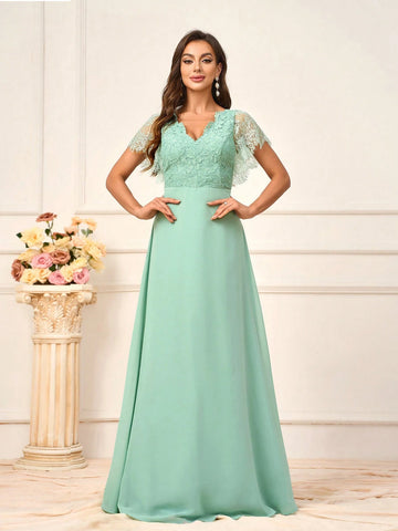Women's Romantic Grass Green Lace Spliced Chiffon Fabric Dress With  Wedding Season Mother's Day Back To School Season Music Festival Prom Summer Formal Occasions Standard Size Bridesmaid Dress