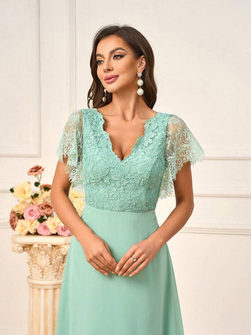 Women's Romantic Grass Green Lace Spliced Chiffon Fabric Dress With  Wedding Season Mother's Day Back To School Season Music Festival Prom Summer Formal Occasions Standard Size Bridesmaid Dress