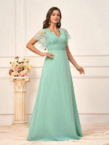 Women's Romantic Grass Green Lace Spliced Chiffon Fabric Dress With  Wedding Season Mother's Day Back To School Season Music Festival Prom Summer Formal Occasions Standard Size Bridesmaid Dress