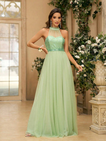 Women's Romantic Green Tulle & Sequin Fabric Patchwork Strapless Dress With Necklace Design A Little Sexy Sequin Belt And Open Back For Wedding Music Festivals Bridesmaid Dress