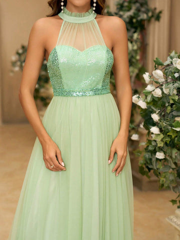 Women's Romantic Green Tulle & Sequin Fabric Patchwork Strapless Dress With Necklace Design A Little Sexy Sequin Belt And Open Back For Wedding Music Festivals Bridesmaid Dress