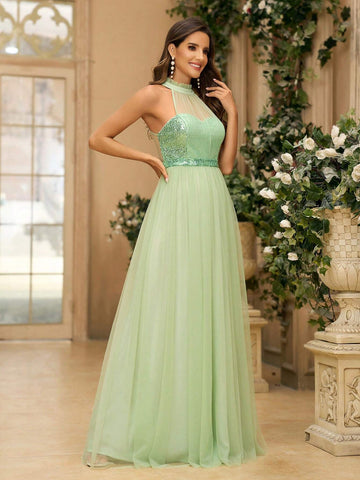 Women's Romantic Green Tulle & Sequin Fabric Patchwork Strapless Dress With Necklace Design A Little Sexy Sequin Belt And Open Back For Wedding Music Festivals Bridesmaid Dress