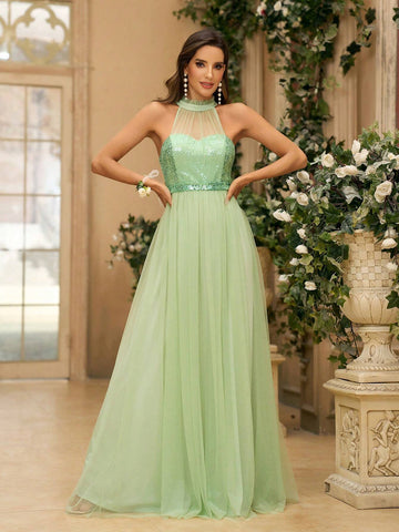 Women's Romantic Green Tulle & Sequin Fabric Patchwork Strapless Dress With Necklace Design A Little Sexy Sequin Belt And Open Back For Wedding Music Festivals Bridesmaid Dress