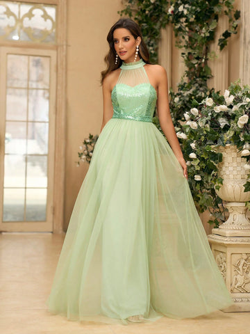 Women's Romantic Green Tulle & Sequin Fabric Patchwork Strapless Dress With Necklace Design A Little Sexy Sequin Belt And Open Back For Wedding Music Festivals Bridesmaid Dress