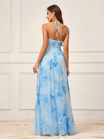 Women's Light Blue Ultra-Soft Gauze Print Wit Large  Fabric Halter Neck Style Gathered Off-Shoulder Tie A-Line Skirt Suitable For Romantic Dating Back To School Season Honeymoon Vacation Sister Outfit Bridesmaid Dresses