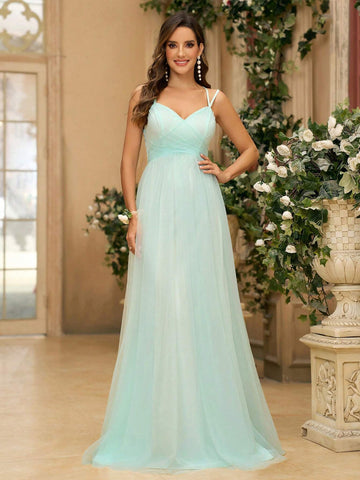 Women's Romantic Mint Green Mesh Fabric Embroidered Double-Strap Dress With Pleats And Adjustable Buckle, Suitable For Weddings, Music Festivals And Formal Bridesmaid Dresses