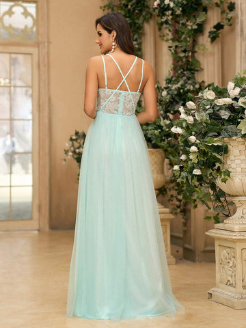 Women's Romantic Mint Green Mesh Fabric Embroidered Double-Strap Dress With Pleats And Adjustable Buckle, Suitable For Weddings, Music Festivals And Formal Bridesmaid Dresses