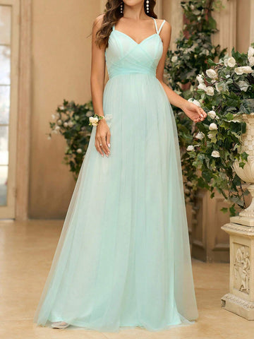 Women's Romantic Mint Green Mesh Fabric Embroidered Double-Strap Dress With Pleats And Adjustable Buckle, Suitable For Weddings, Music Festivals And Formal Bridesmaid Dresses