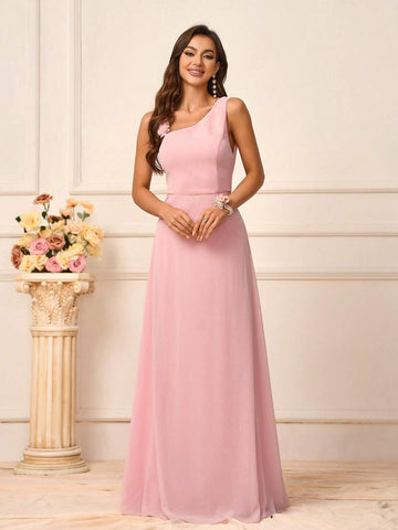 Women's Romantic Pink Chiffon Asymmetrical Neck Flower Shoulder Strap Design Suitable For Wedding Season And Mother's Day Back To School Season Music Festival Prom Summer Formal Bridesmaid Dress
