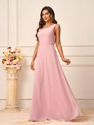 Women's Romantic Pink Chiffon Asymmetrical Neck Flower Shoulder Strap Design Suitable For Wedding Season And Mother's Day Back To School Season Music Festival Prom Summer Formal Bridesmaid Dress